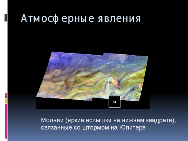 Атмосферные явления Молнии (яркие вспышки на нижнем квадрате), связанные со штормом на Юпитере 