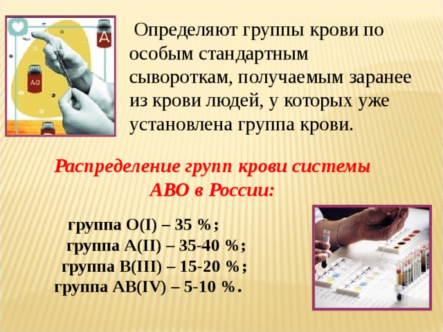 Определяют группы крови по особым стандартным сывороткам, получаемым заранее из крови людей, у которых уже установлена группа крови.   группа О(I) – 35 %;  группа А(II) – 35-40 %;  группа В(III) – 15-20 %;  группа АВ(IV) – 5-10 %. Распределение групп крови системы АВО в России: 