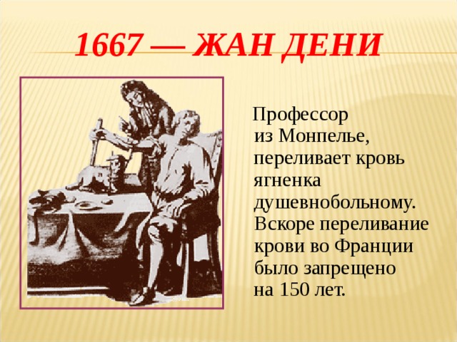 1667 — ЖАН ДЕНИ  Профессор из Монпелье, переливает кровь ягненка душевнобольному. Вскоре переливание крови во Франции было запрещено на 150 лет. 