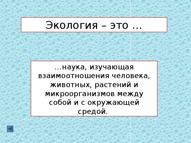 Экология – это … … наука, изучающая взаимоотношения человека, животных, растений и микроорганизмов между собой и с окружающей средой. 