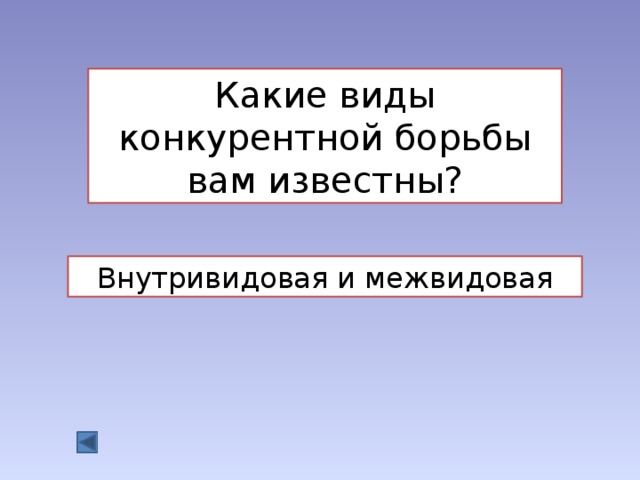 Какие виды конкурентной борьбы вам известны? Внутривидовая и межвидовая 