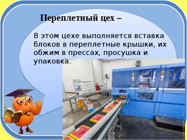 Переплетный цех – В этом цехе выполняется вставка блоков в переплетные крышки, их обжим в прессах, просушка и упаковка. 