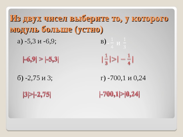 Из двух чисел выберите то, у которого модуль больше (устно) а) -5,3 и -6,9; в) б) -2,75 и 3; г) -700,1 и 0,24   