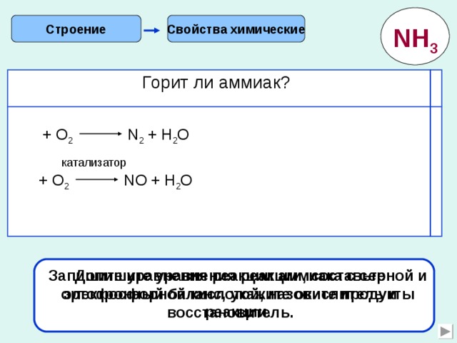Свойства химические Строение NH 3 Горит ли аммиак? + О 2 N 2 + Н 2 О катализатор + О 2 NО + Н 2 О Запишите уравнения реакции аммиака с серной и ортофосфорной кислотой, назовите продукты реакции. Допишите уравнения реакции, составьте электронный баланс, укажите окислитель и восстановитель. 7 