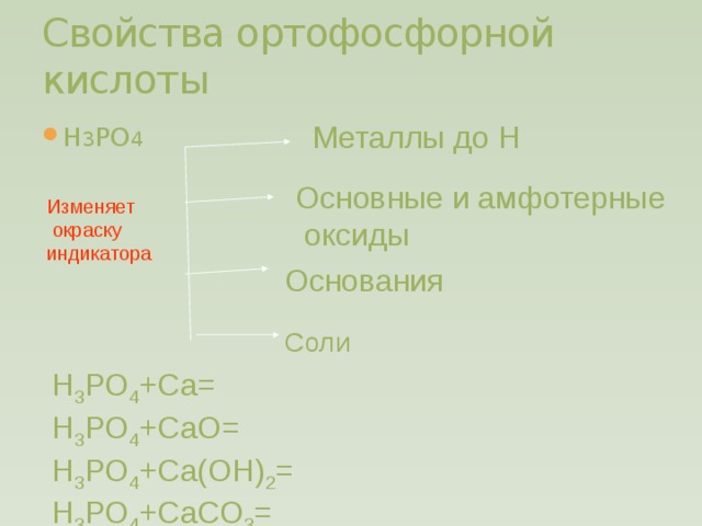Свойства ортофосфорной кислоты Металлы до Н Н 3 РО 4 Основные и амфотерные  оксиды Изменяет  окраску индикатора Основания Соли Н 3 РО 4 +Са= Н 3 РО 4 +СаО= Н 3 РО 4 +Са(ОН) 2 = Н 3 РО 4 +СаСО 3 = 