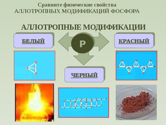 Сравните физические свойства АЛЛОТРОПНЫХ МОДИФИКАЦИЙ ФОСФОРА АЛЛОТРОПНЫЕ МОДИФИКАЦИИ Р БЕЛЫЙ КРАСНЫЙ ЧЕРНЫЙ  