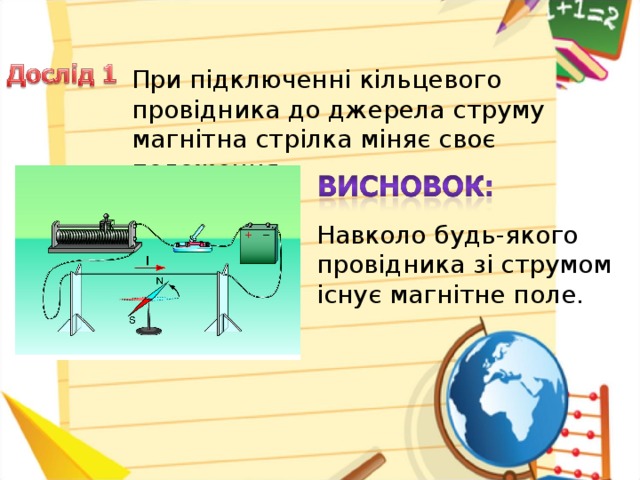 При підключенні кільцевого провідника до джерела струму магнітна стрілка міняє своє положення. Навколо будь-якого провідника зі струмом існує магнітне поле.