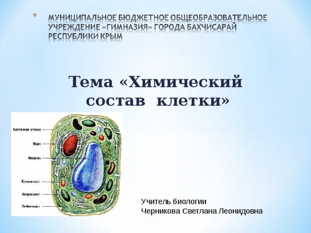 Тема «Химический состав клетки» Учитель биологии Черникова Светлана Леонидовна 