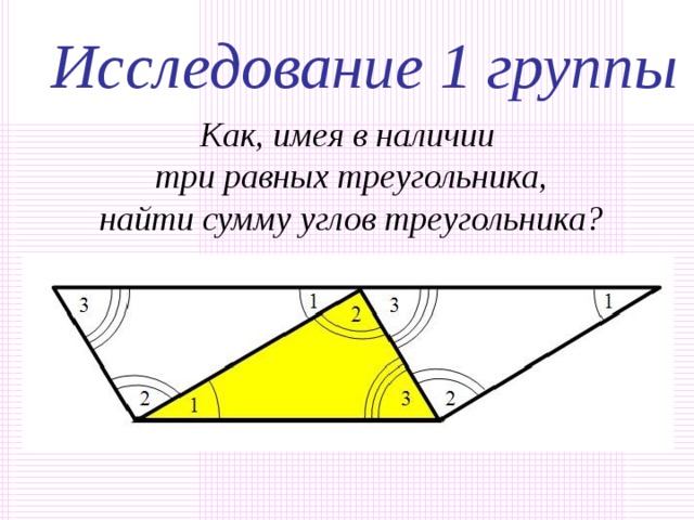 Лаборатория ученых 3 группа 4 группа Как с помощью «перегибания» углов треугольника найти их сумму? Перегните пронумерованные углы так, чтобы вершины оказались в одной точке.   С помощью транспортира найти сумму углов треугольников С помощью транспортира найти сумму углов треугольников А = 180°