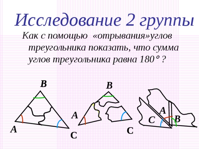 Исследование 1 группы Как, имея в наличии  три равных треугольника,  найти сумму углов треугольника?