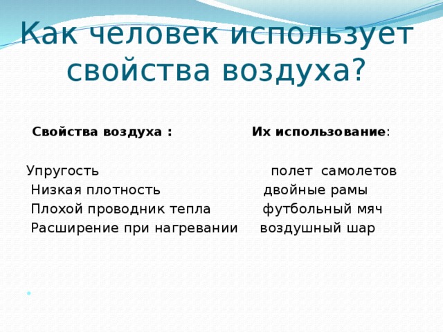 Как человек использует  свойства воздуха?  Свойства воздуха : Их использование : Упругость полет самолетов  Низкая плотность двойные рамы  Плохой проводник тепла футбольный мяч  Расширение при нагревании воздушный шар  