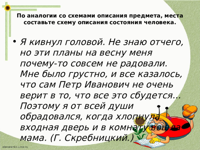 По аналогии со схемами описания предмета, места составьте схему описания состояния человека. Я кивнул головой. Не знаю отчего, но эти планы на весну меня почему-то совсем не радовали. Мне было грустно, и все казалось, что сам Петр Иванович не очень верит в то, что все это сбудется… Поэтому я от всей души обрадовался, когда хлопнула входная дверь и в комнату вошла мама. (Г. Скребницкий.)  