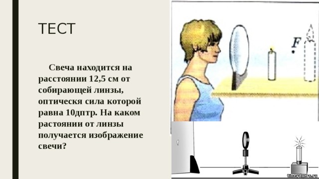 На каком расстоянии от собирающей линзы находится свеча высотой h 10 см изображение полученное от