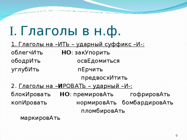 I . Глаголы в н.ф. 1. Глаголы на –ИТЬ – ударный суффикс –И-: облегчИть НО : закУпорить ободрИть освЕдомиться углубИть пЕрчить  предвосхИтить 2. Глаголы на – И РОВАТЬ – ударный –И-: блокИровать НО : премировАть гофрировАть копИровать нормировАть бомбардировАть  пломбировАть маркировАть  