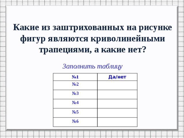 Какие из заштрихованных на рисунке фигур являются криволинейными трапециями, а какие нет? Заполнить таблицу № 1 № 2 Да/нет № 3 № 4 № 5 № 6 Задание для заполнения таблицы на следующем слайде  