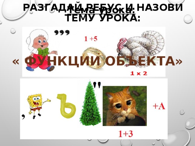 Тема урока: Разгадай ребус и назови тему урока: « Функции объекта» 