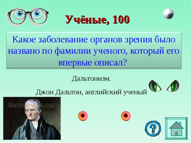 Учёные , 100 Какое заболевание органов зрения было названо по фамилии ученого, который его впервые описал?  Дальтонизм. Джон Дальтон, английский ученый 