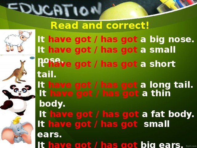 Read and correct! It have got / has got a big nose. It have got / has got a small nose. It have got / has got a short tail. It have got / has got a long tail. It have got / has got a thin body. It have got / has got a fat body. It have got / has got small ears. It have got / has got big ears. 
