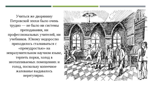 Учиться же дворянину Петровской эпохи было очень трудно — не было ни системы преподавания, ни профессиональных учителей, ни учебников. Юному недорослю приходилось сталкиваться с «премудростью» на невразумительном научном языке, терпеть порки, холод в неотапливаемых помещениях и голод, поскольку копеечное жалованье выдавалось нерегулярно. 