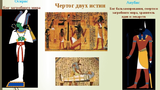 Чертог двух истин Осирис  Бог загробного мира Анубис  Бог бальзамирования, смерти и загробного мира, хранитель ядов и лекарств 