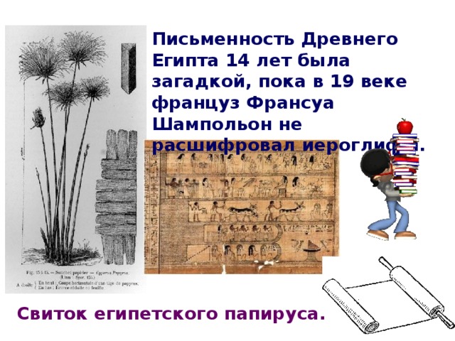 Письменность Древнего Египта 14 лет была загадкой, пока в 19 веке француз Франсуа Шампольон не расшифровал иероглифы. Свиток египетского папируса. 