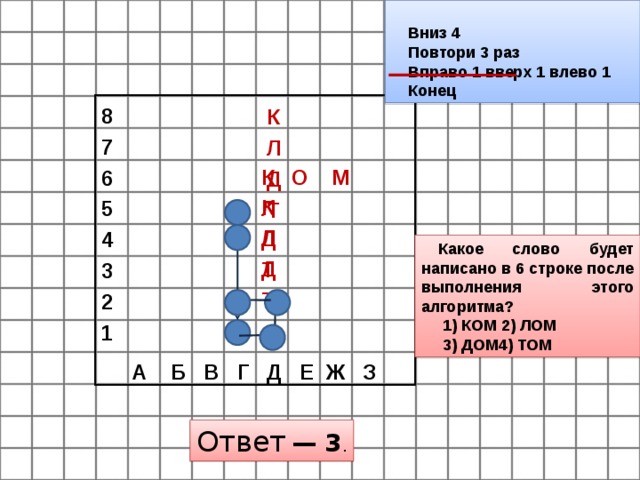 1 левее 6. Повторить 3 раза вправо. Муравей вниз 3 повтори 2 раза вправо 1 вверх 1 влево 1. Вправо три раза влево три раза. По три повторить пять раз.