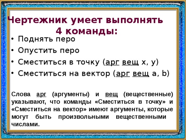 Чертежник умеет выполнять  4 команды: Поднять перо Опустить перо Сместиться в точку ( арг  вещ х, у) Сместиться на вектор ( арг  вещ а, b) Слова арг (аргументы) и вещ (вещественные) указывают, что команды «Сместиться в точку» и «Сместиться на вектор» имеют аргументы, которые могут быть произвольными вещественными числами. 