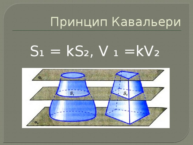 Принцип Кавальери S ₁ = kS ₂ , V ₁ =kV ₂ 