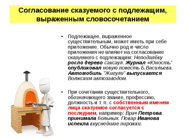 Согласование сказуемого с подлежащим, выраженным словосочетанием Подлежащее, выраженное существительным, может иметь при себе приложение. Обычно род и число приложения не влияют на согласование сказуемого с подлежащим: Неподалёку росло дерево саксаул. Журнал «Юность