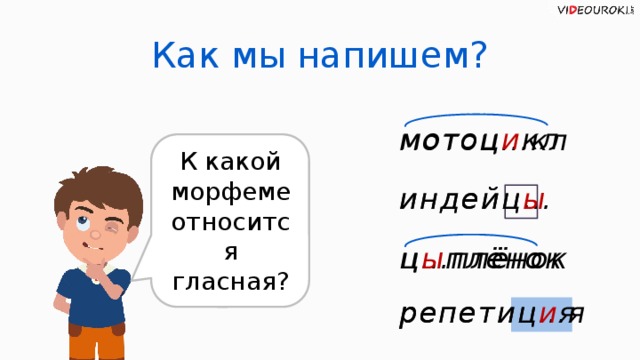 Как мы напишем? мотоц и кл мотоц…кл К какой морфеме относится гласная? индейц… индейц ы ц ы плёнок ц…плёнок репетиц и я репетиц…я