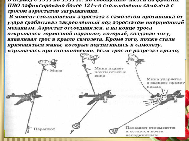 В период с 1941 по 1944 гг. по сообщению частей на фронтах ПВО зафиксировано более 121-го столкновения самолета с тросом аэростатов заграждения.  В момент столкновения аэростата с самолетом противника от удара срабатывал закрепленный под аэростатом инерционный механизм. Аэростат отсоединялся, а на конце троса открывался тормозной парашют, который, создавая тягу, вдавливал трос в крыло самолета. Кроме того, позже стали применяться мины, которые подтягиваясь к самолету, взрывалась при столкновении. Если трос не разрезал крыло, его подрывала мина. 