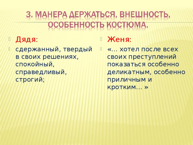Дядя: сдержанный, твердый в своих решениях, спокойный, справедливый, строгий;  Женя: «… хотел после всех своих преступлений показаться особенно деликатным, особенно приличным и кротким… »  