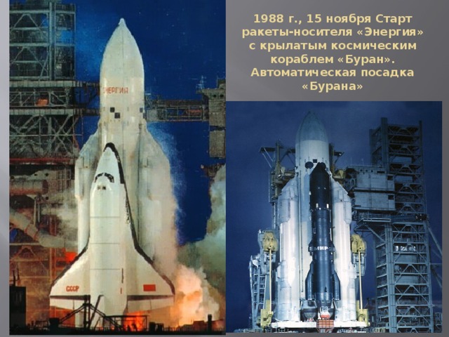 1988 г., 15 ноября Старт ракеты-носителя «Энергия» с крылатым космическим кораблем «Буран». Автоматическая посадка «Бурана» 