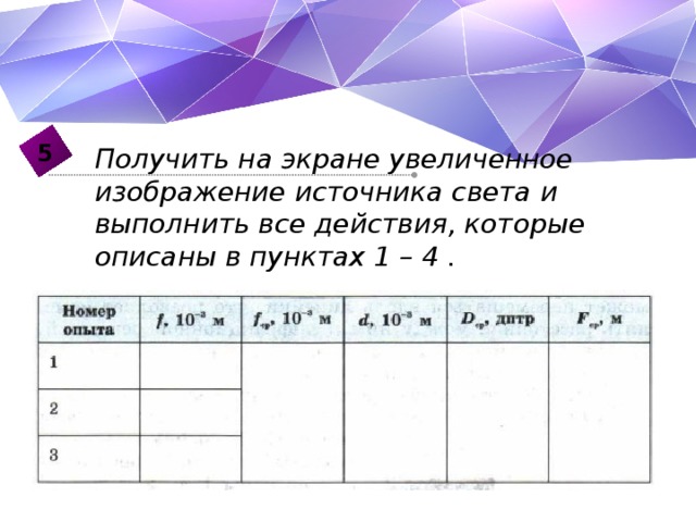 5 Получить на экране увеличенное изображение источника света и выполнить все действия, которые описаны в пунктах 1 – 4 . 