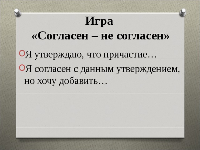 Игра  «Согласен – не согласен» Я утверждаю, что причастие… Я согласен с данным утверждением, но хочу добавить… 