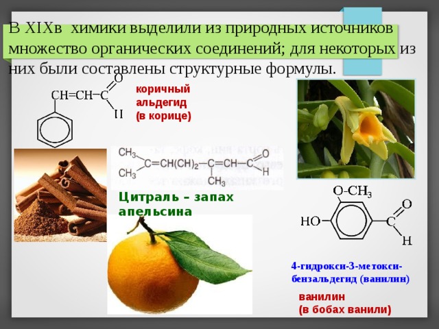 В XIXв химики выделили из природных источников множество органических соединений; для некоторых из них были составлены структурные формулы. коричный альдегид (в корице) Цитраль – запах апельсина 4-гидрокси-3-метокси-бензальдегид (ванилин) ванилин (в бобах ванили) 