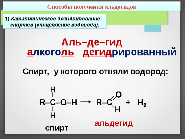 Способы получения альдегидов 1) Каталитическое дегидрирование спиртов (отщепление водорода): Аль–де–гид    а лкого ль   дегид рированный Спирт, у которого отняли водород : альдегид спирт  