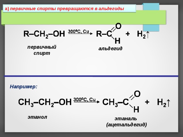 а) первичные спирты превращаются в альдегиды первичный спирт альдегид Например: этанол этаналь (ацетальдегид) 