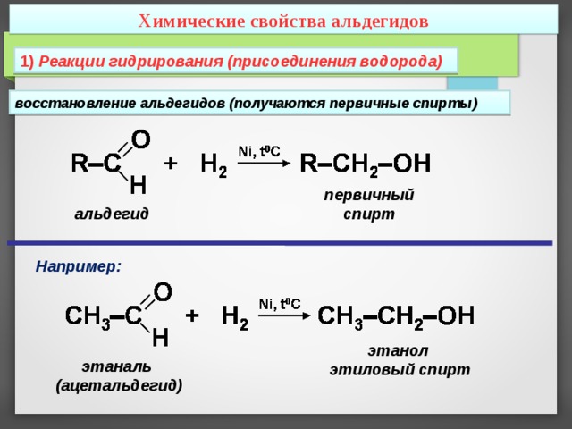 Химические свойства альдегидов 1) Реакции гидрирования (присоединения водорода) восстановление альдегидов (получаются первичные спирты) первичный спирт альдегид Например: этанол этиловый спирт этаналь (ацетальдегид) 