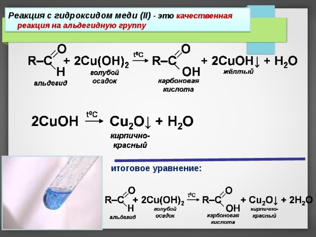 Реакция с гидроксидом меди ( II ) - это качественная реакция на альдегидную группу  итоговое уравнение: 