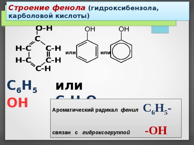 Строение фенола  (гидроксибензола, карболовой кислоты) или или С 6 Н 5 ОН или С 6 Н 6 О Ароматический радикал фенил  С 6 Н 5 -   связан с гидроксогруппой  -ОН  