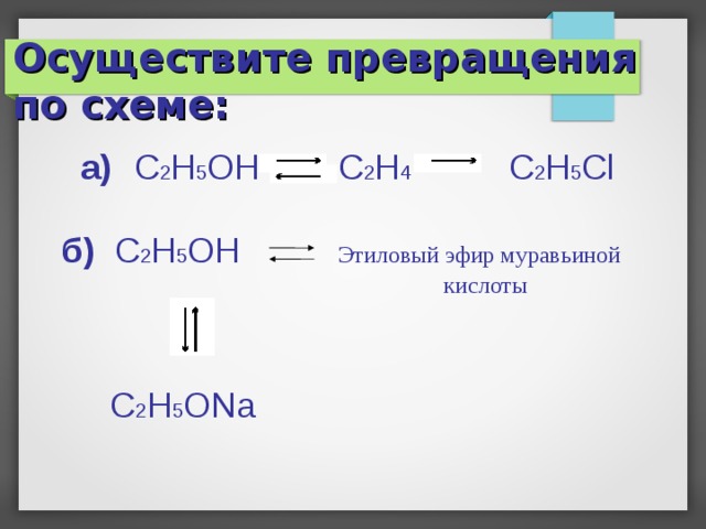 Осуществите превращения по схеме:   а)  C 2 H 5 OH C 2 H 4 C 2 H 5 Cl б) C 2 H 5 OH Этиловый эфир муравьиной  кислоты  C 2 H 5 ONa  