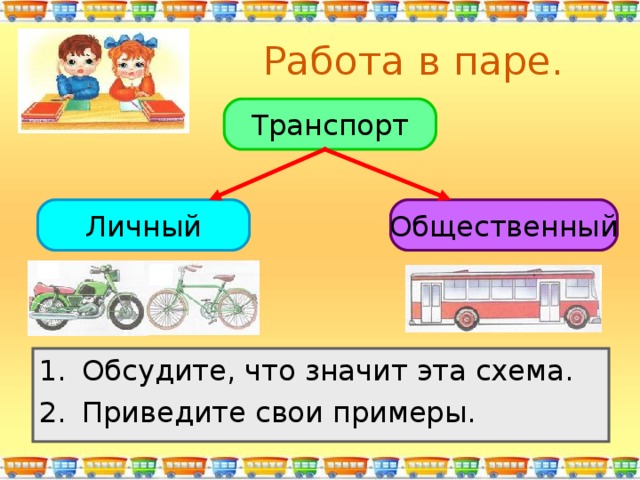  Работа в паре. Транспорт Личный Общественный Обсудите, что значит эта схема. Приведите свои примеры. 