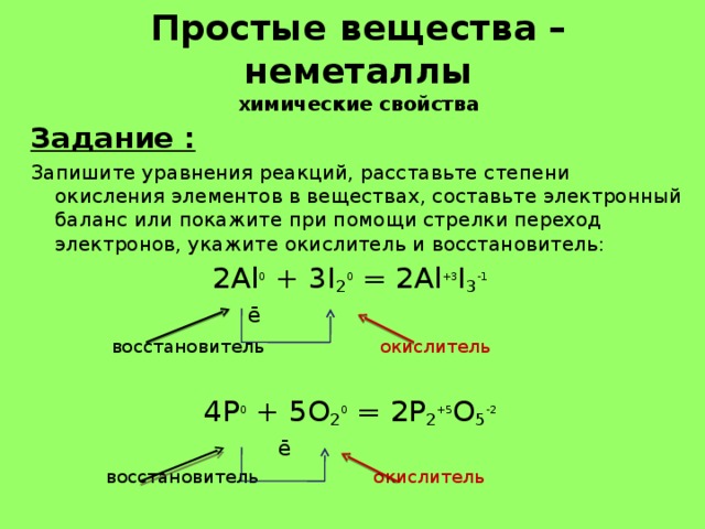 Химические свойства неметаллов уравнения реакций. Уравнение реакции с неметаллами.