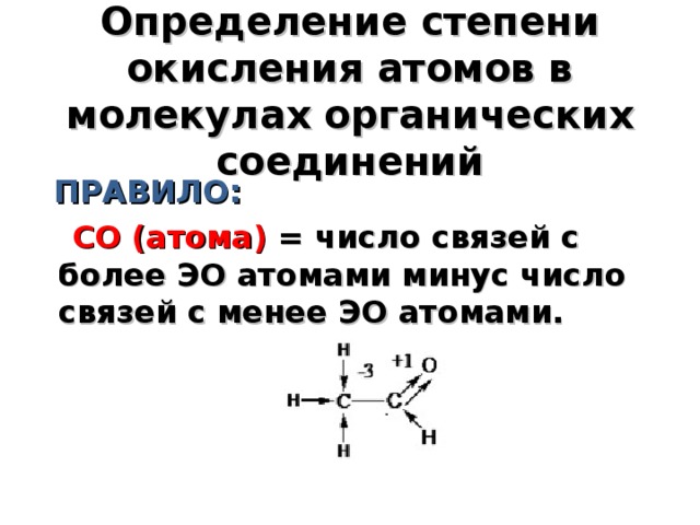 Определение степени окисления атомов в молекулах органических соединений  ПРАВИЛО:  СО (атома) = число связей с более ЭО атомами минус число связей с менее ЭО атомами.  