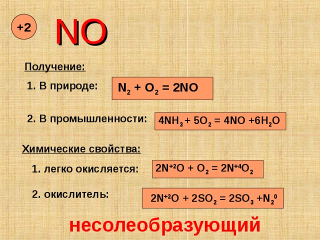  NO +2 Получение: 1. В природе: N 2 + O 2 = 2NO 2. В промышленности: 4 NH 3 + 5O 2 = 4NO +6H 2 O Химические свойства: 2 N +2 O + O 2 = 2N +4 O 2 1. легко окисляется: 2. окислитель: 2 N +2 O + 2SO 2 = 2SO 3 +N 2 0 несолеобразующий 