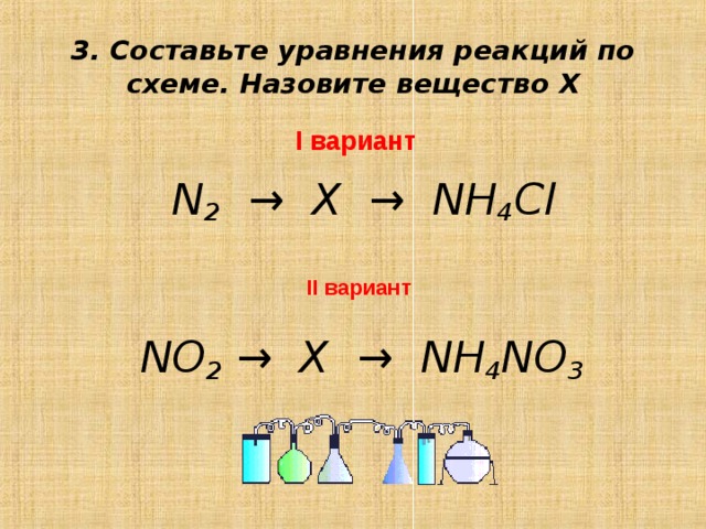 3. Составьте уравнения реакций по схеме. Назовите вещество Х I вариант N 2  → X → NH 4 Cl    II вариант  NO 2  → X → NH 4 NO 3 