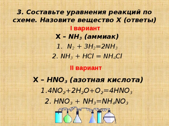 3. Составьте уравнения реакций по схеме. Назовите вещество Х (ответы) I вариант X – NH 3 ( аммиак ) 1.  N 2 + 3H 2 =2NH 3 2.  NH 3 + HCl = NH 4 Cl    II вариант   X – HNO 3 ( азотная кислота ) 1. 4NO 2 +2H 2 O+O 2 =4HNO 3 2.  HNO 3 + NH 3 =NH 4 NO 3 