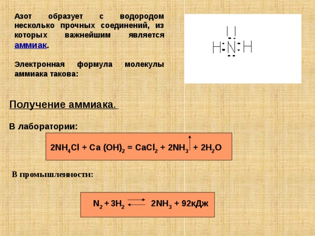 Азот образует с водородом несколько прочных соединений, из которых важнейшим является аммиак .  Электронная формула молекулы аммиака такова: Получение аммиака .   В лаборатории:   2NH 4 Cl + Ca (OH) 2 = CaCl 2 + 2NH 3 + 2H 2 O   В промышленности:   N 2 +  3 H 2 2 NH 3 + 92кДж  