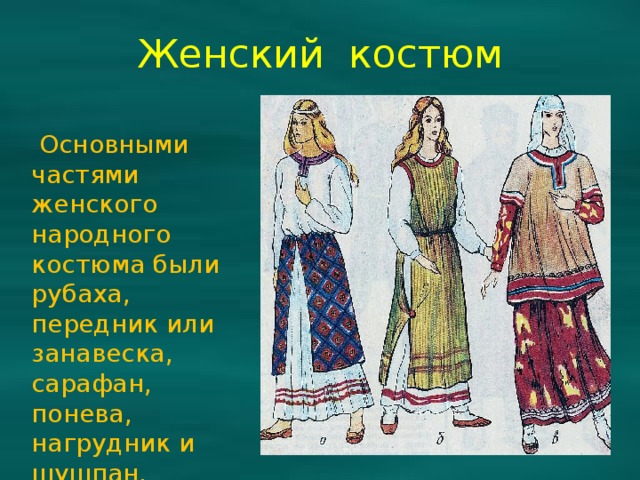 Женский костюм  Основными частями женского народного костюма были рубаха, передник или занавеска, сарафан, понева, нагрудник и шушпан. 